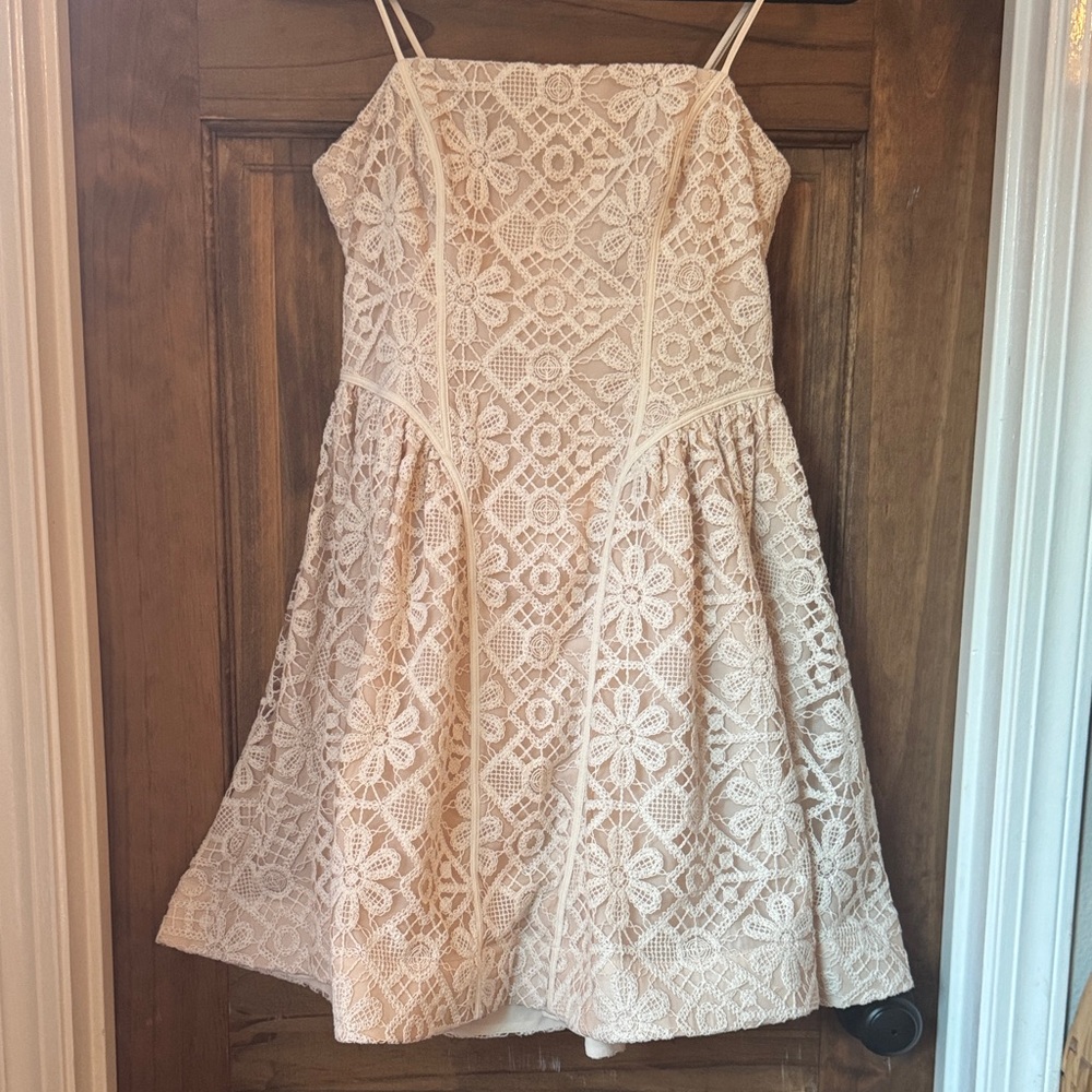 Anthropologie Cream Lace Mini Dress with Floral Crochet